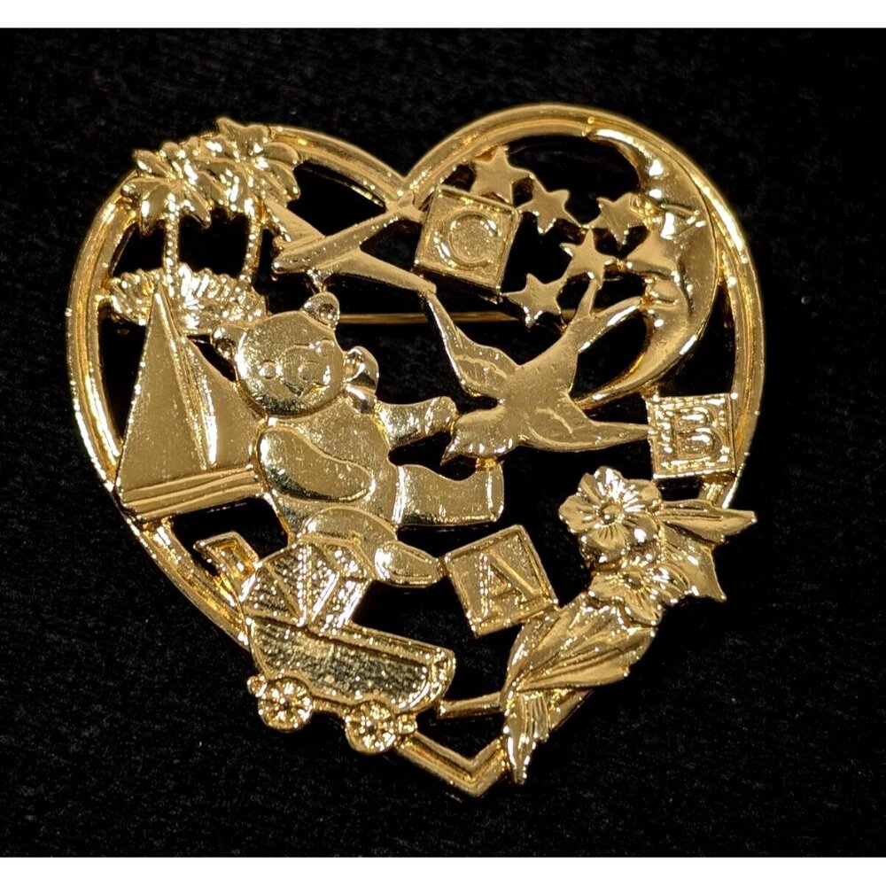 Vintage Avon Sweet Memories Heart Pin Gold Tone Teddy Bear‎ ABC Brooch